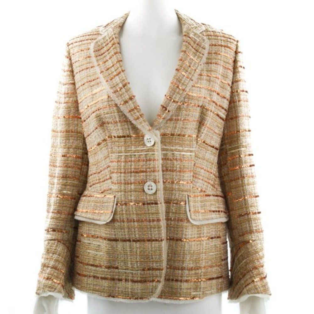 RENA LANGE Gold Metallic Tweed Blazer Size 14